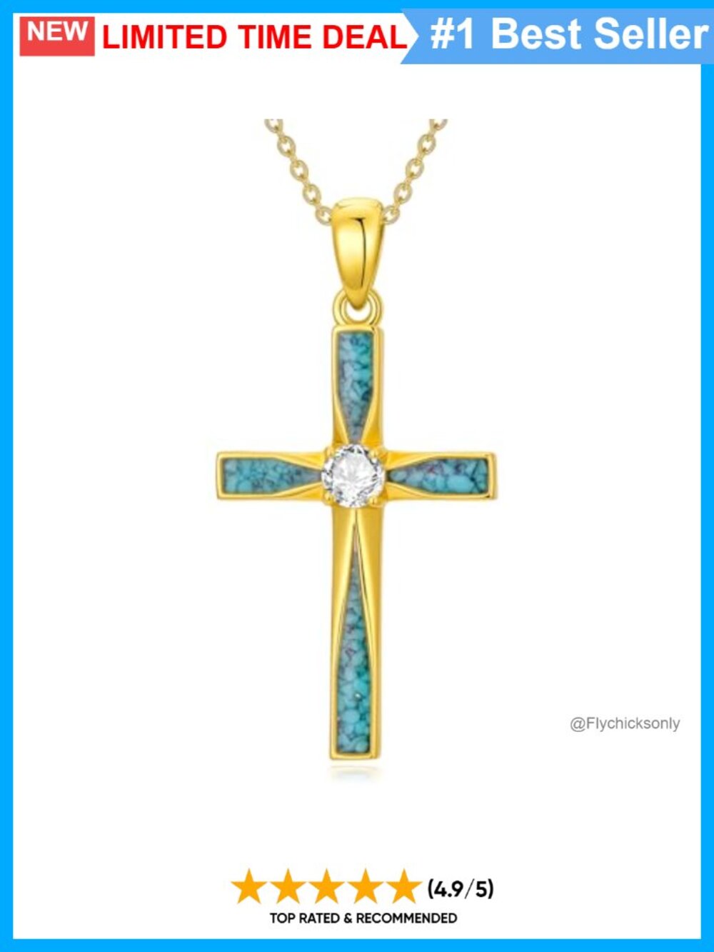 14K Solid Gold Turquoise Cross Pendant Necklace